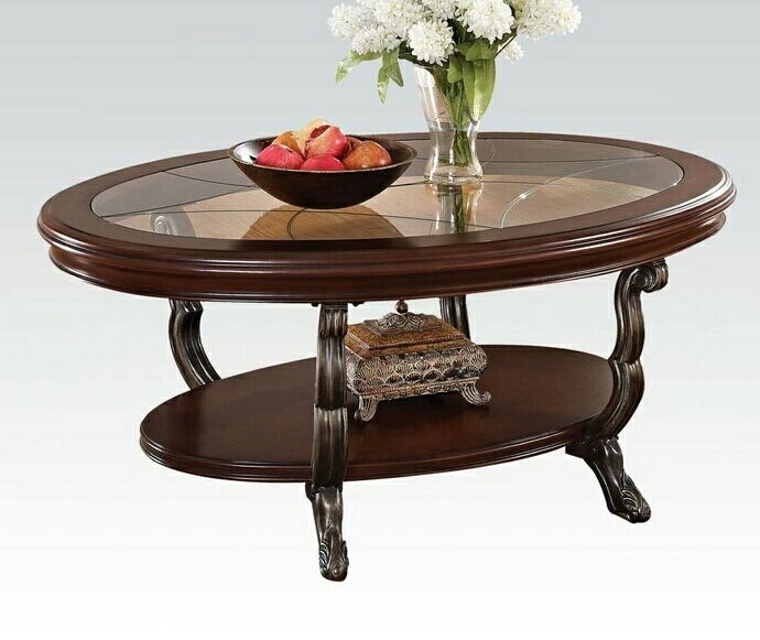 Acme 80120 Bavol cherry finish wood oval shaped coffee table with glass