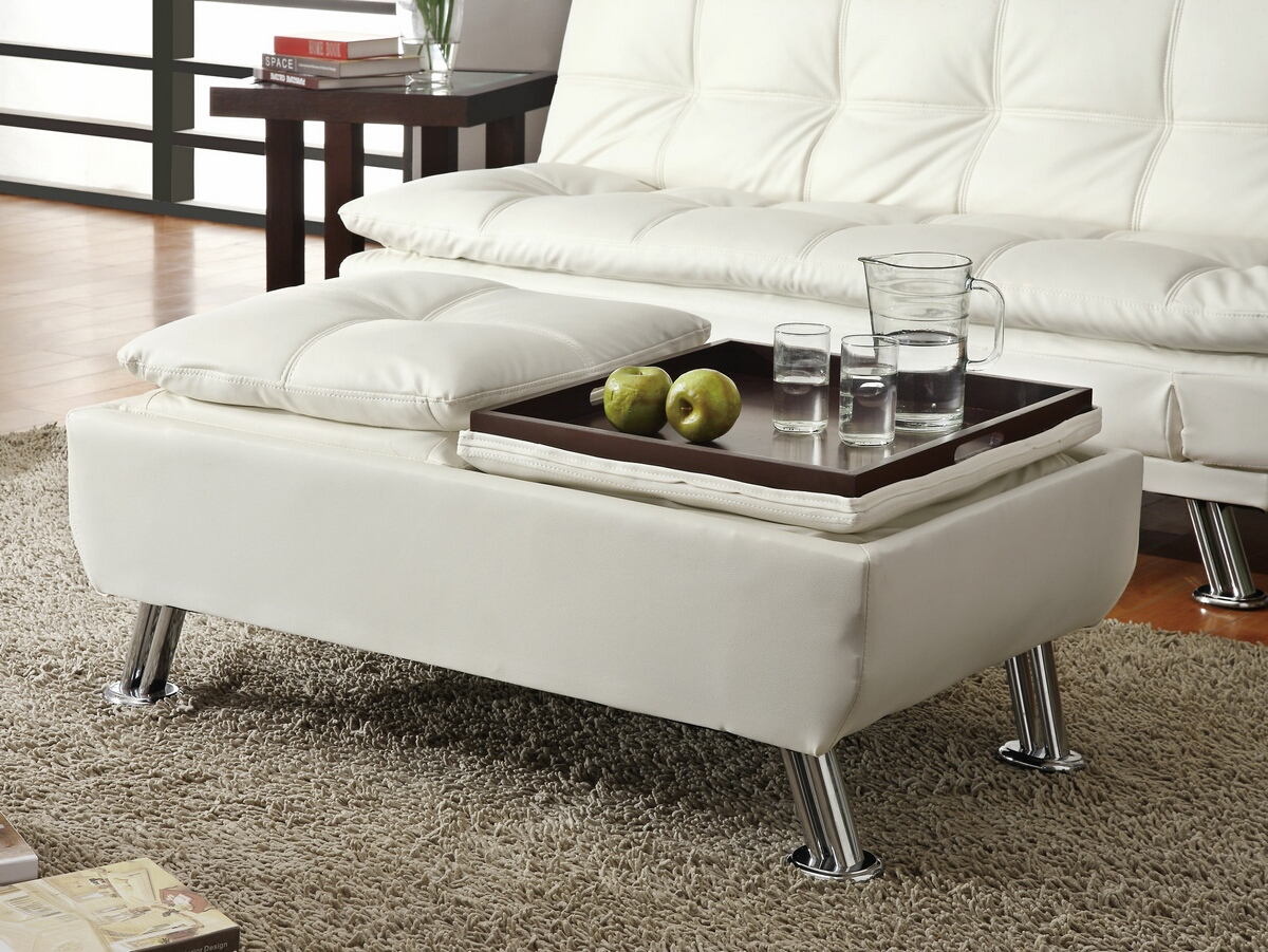 300293 White leather like vinyl storage ottoman with flip top trays and