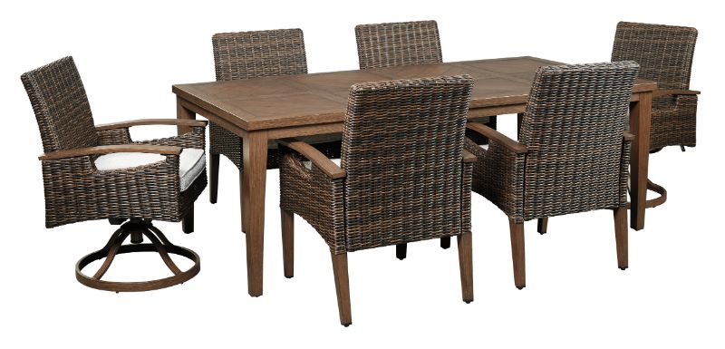 P750 625 7pc 7 Pc Paradise Trail Medium Brown Wood Look Finish Metal Patio Dining Table Set 