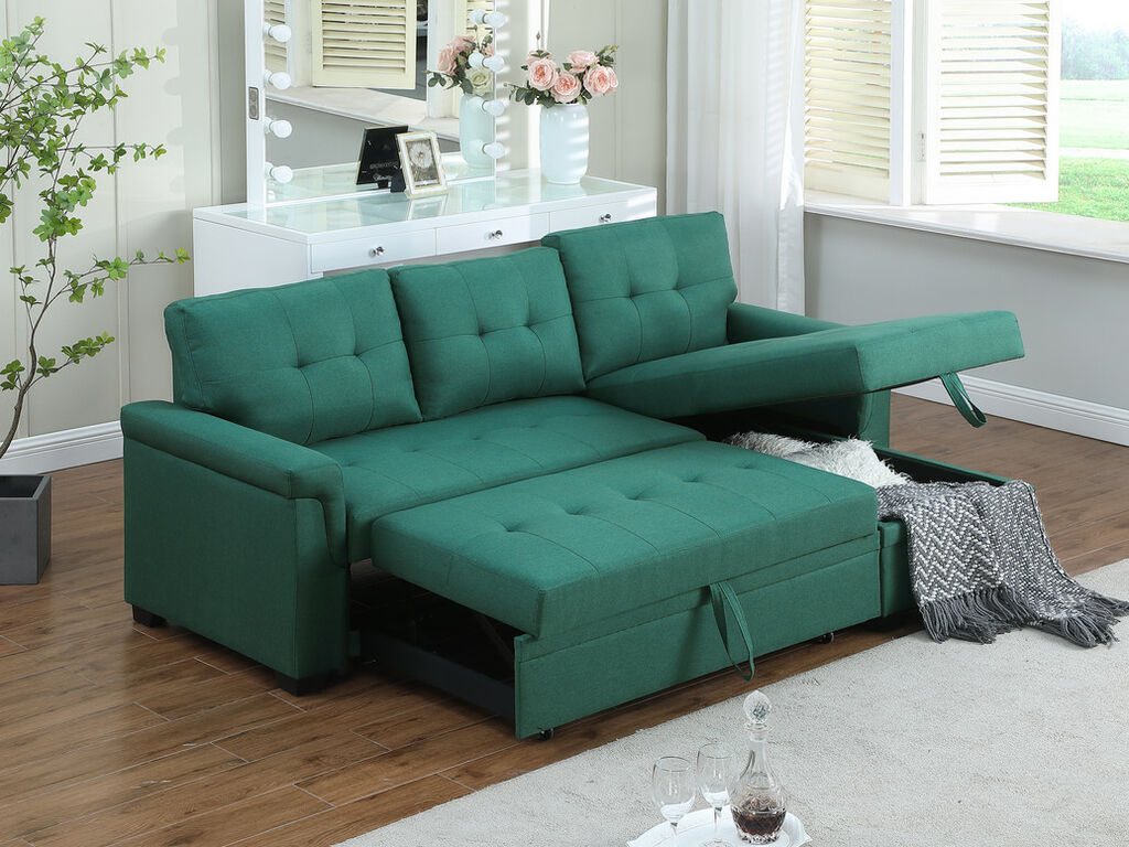 81340GN Lucca green faux linen woven fabric reversible storage chaise