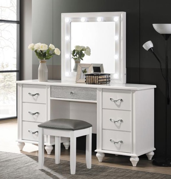 205897-STL 3 pc Latitude run barzini white high gloss finish wood make up bedroom vanity set with light up mirror and stool