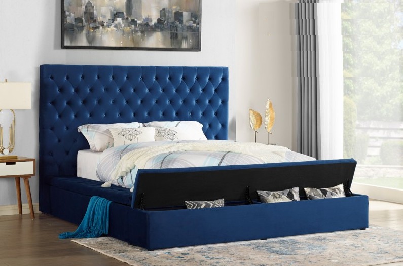 YY136BLU Blue tufted velvet fabric queen bed frame with storage all