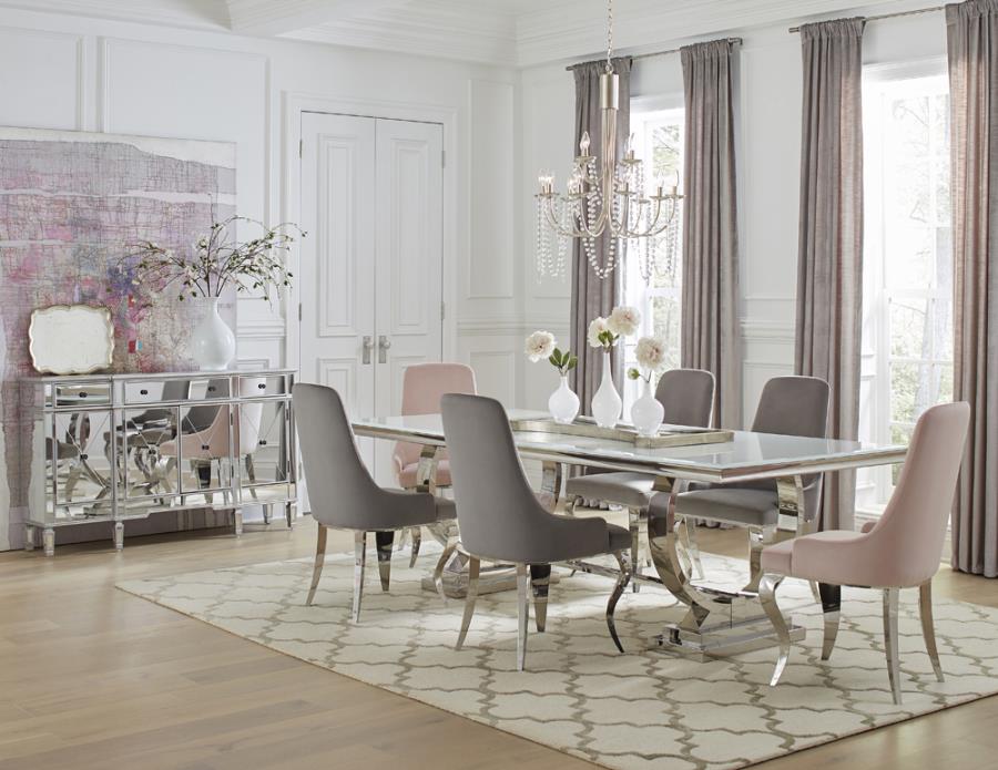 108811-7PC 7 pc Sharli antoine chrome metal base dining table set with white glass top grey or light pink chairs