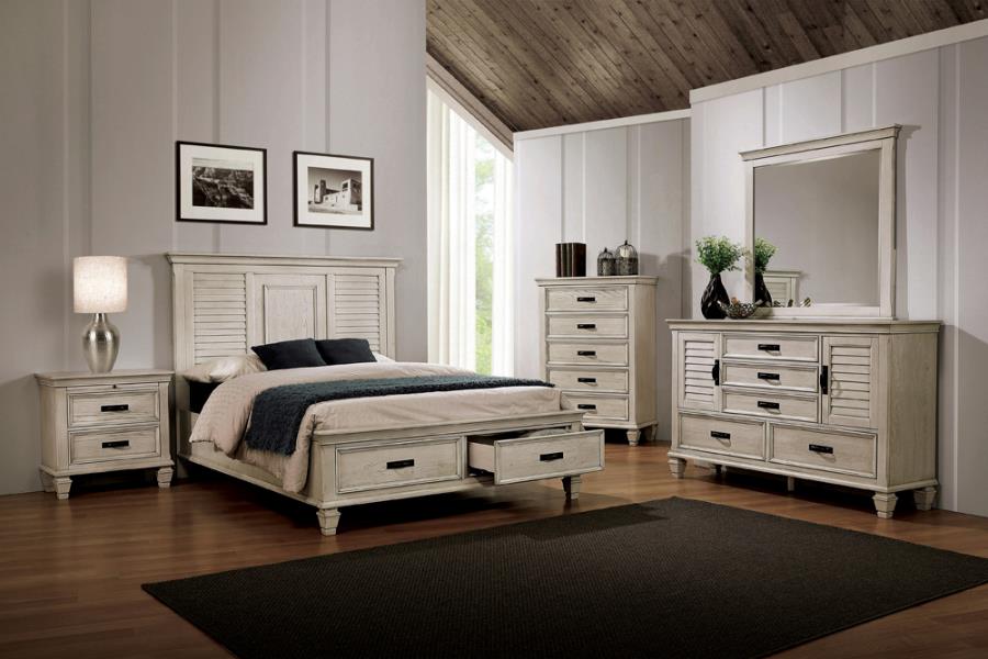 205330Q 4 pc Franco antique white finish wood rustic coastal style queen bedroom set storage drawers in footboard