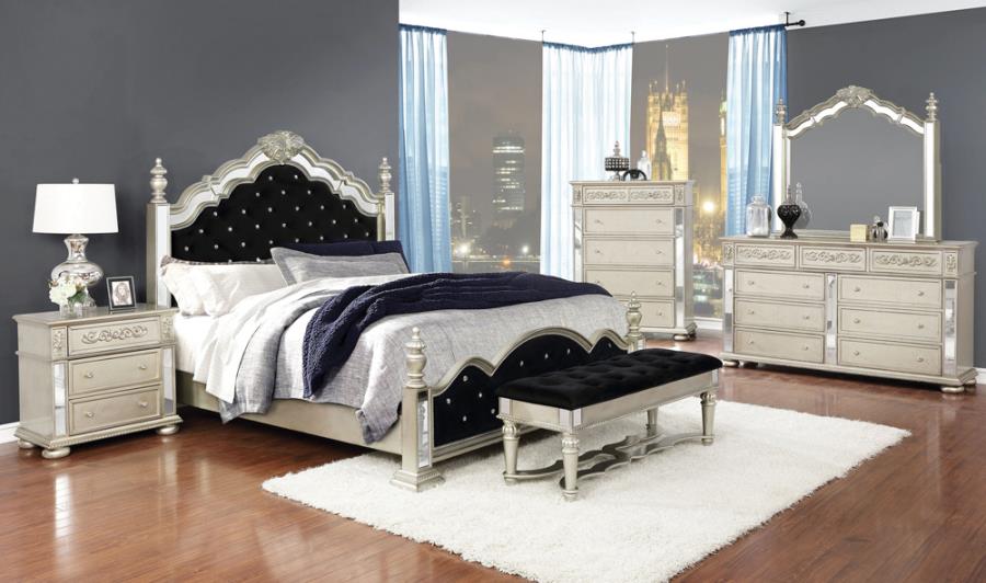 222731Q 4 pc Heidi metallic platinum finish wood queen bedroom set with black velvet tufted headboard