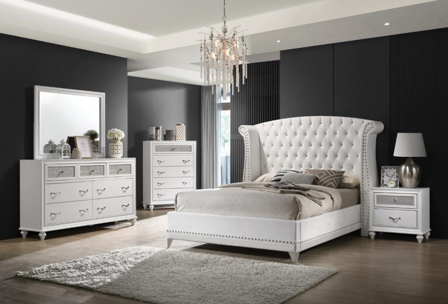 300843Q 4 pc Rosdorf park ammelie barzini white velvet tufted queen bedroom set nail head tirm accents