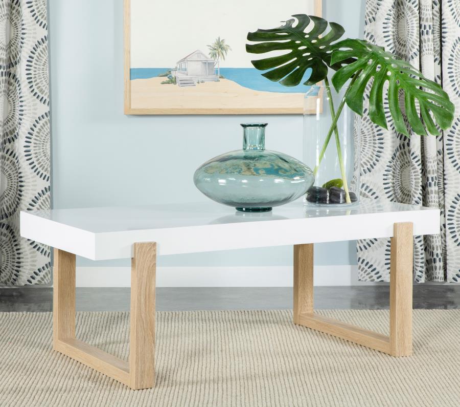 Coaster 753398 White high gloss and natural finish sled style coffee table Ebern designs willamena