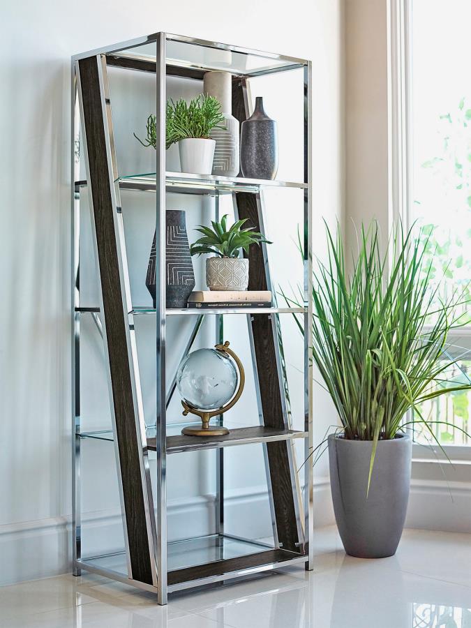 805543 Carbon loft aesop alamosa clear glass shelves and chrome metal frame bookcase shelf dark oak accents