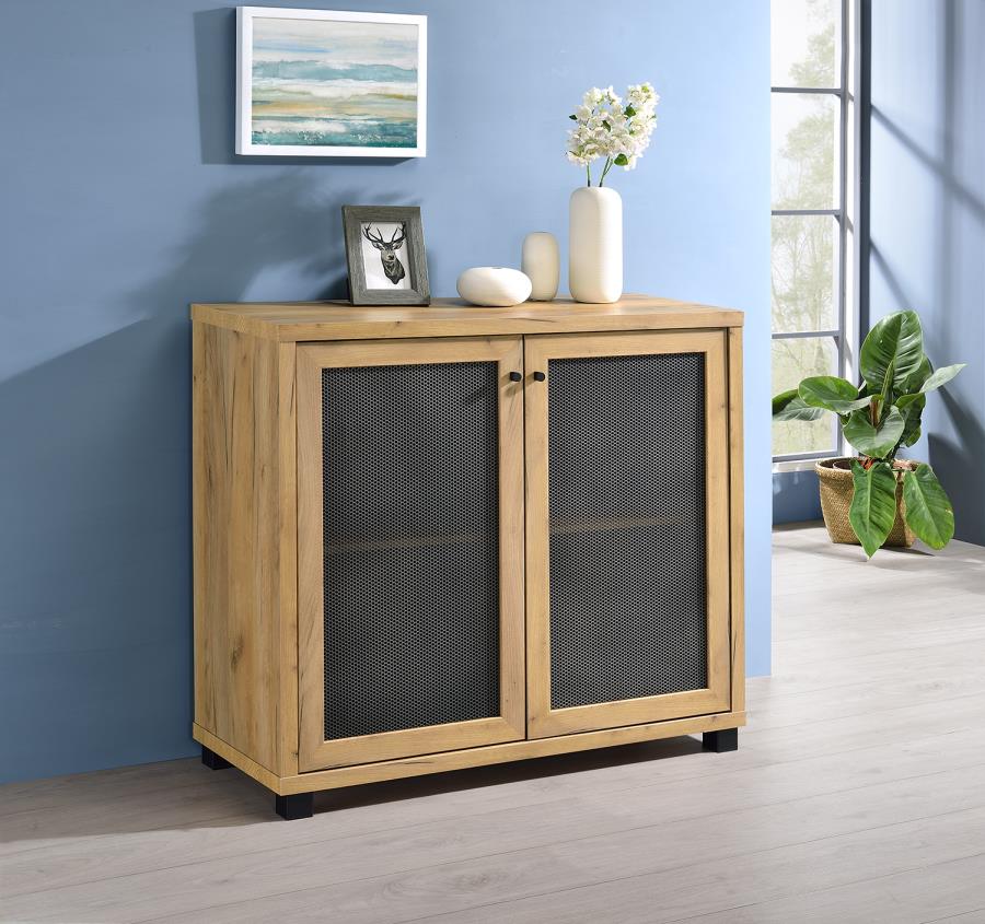 951056 Brayden studio granton golden oak finish wood black metal accent cubicle cabinet console