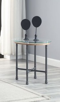 Acme LV00436 Everly quinn Brantley industrial sandy grey finish metal clear round glass top end table