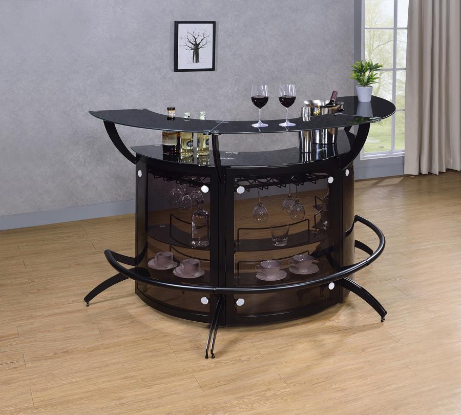 182135-S3 3 pc Orren ellis home bar unit modern style black finish half circle curved front bar unit