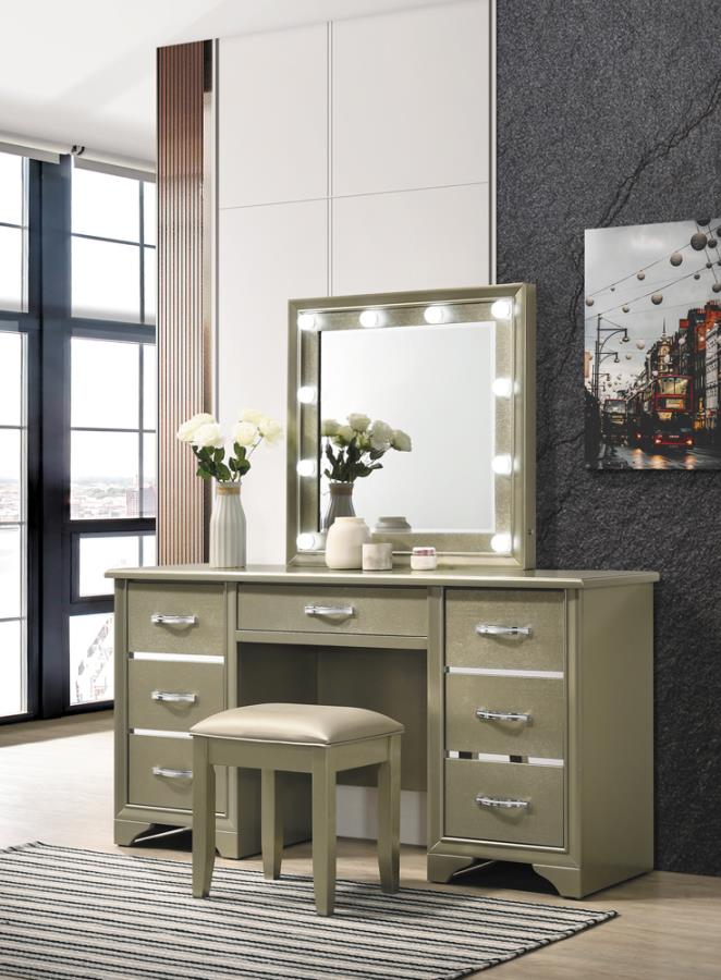 205297-STL 3 pc Latitude run beaumont metallic champagne finish wood make up bedroom vanity set with light up mirror and stool