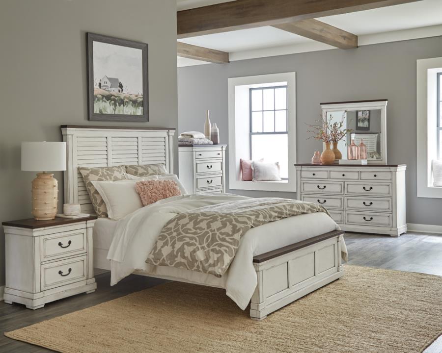 223351Q 4 pc Hillcrest Antique white and dark rum finish wood rustic coastal style queen bedroom set