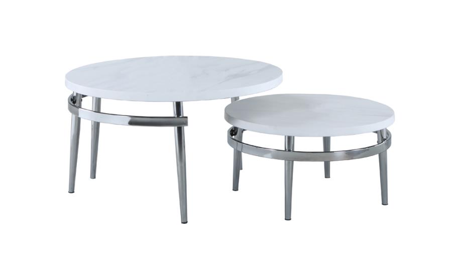 722968 2 pc Wildon home chrome finish metal and round faux marble top nesting coffee table set