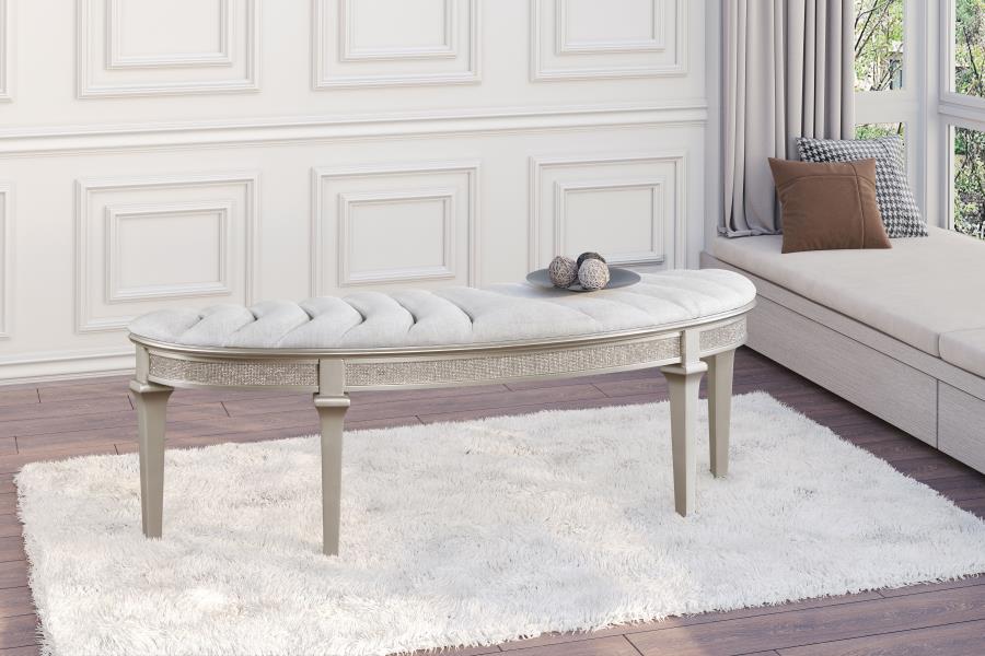 Coaster 223396 Evangeline silver finish wood ivory fabric padded tufted curved bedroom entry bench