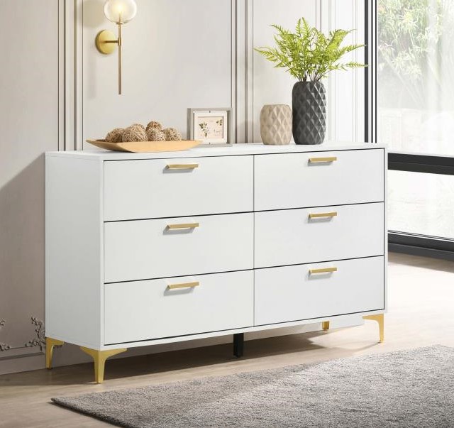 Coaster 224403 Mercer 41 kendall glossy white finish wood 6 drawer dresser with gold accents