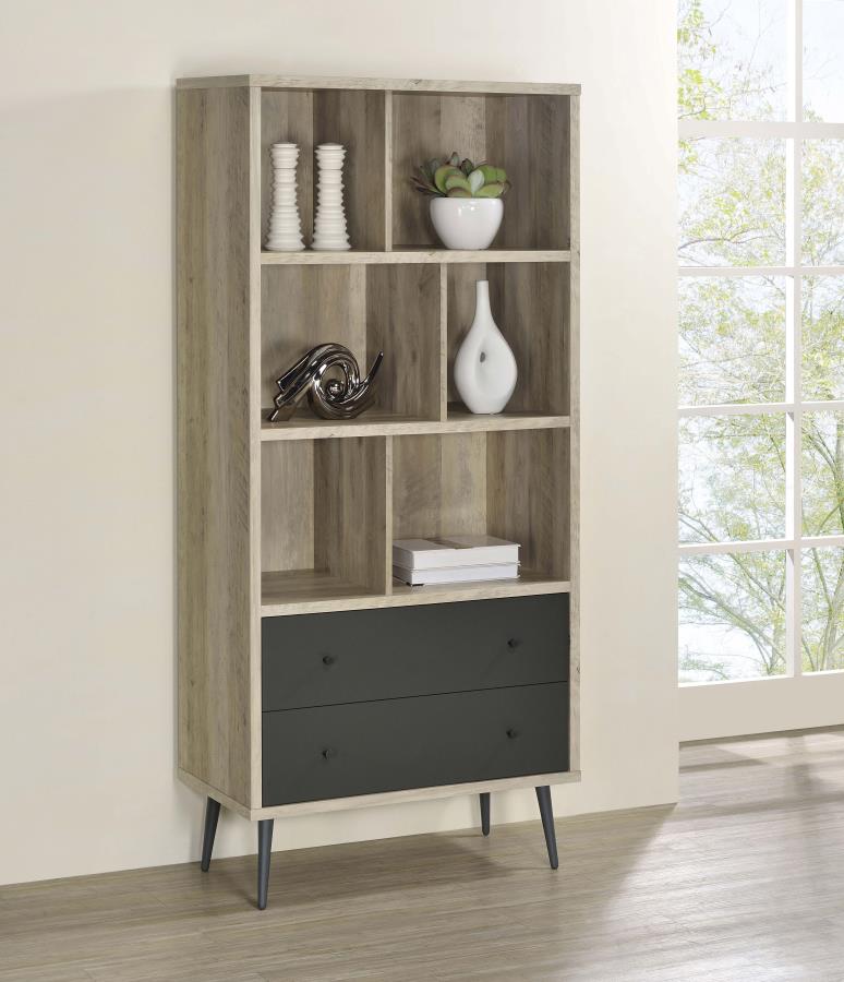 Coaster 801923 Canora grey parthenia Winifred antique pine and grey finish wood bookcase with 2 drawers mid century modern 