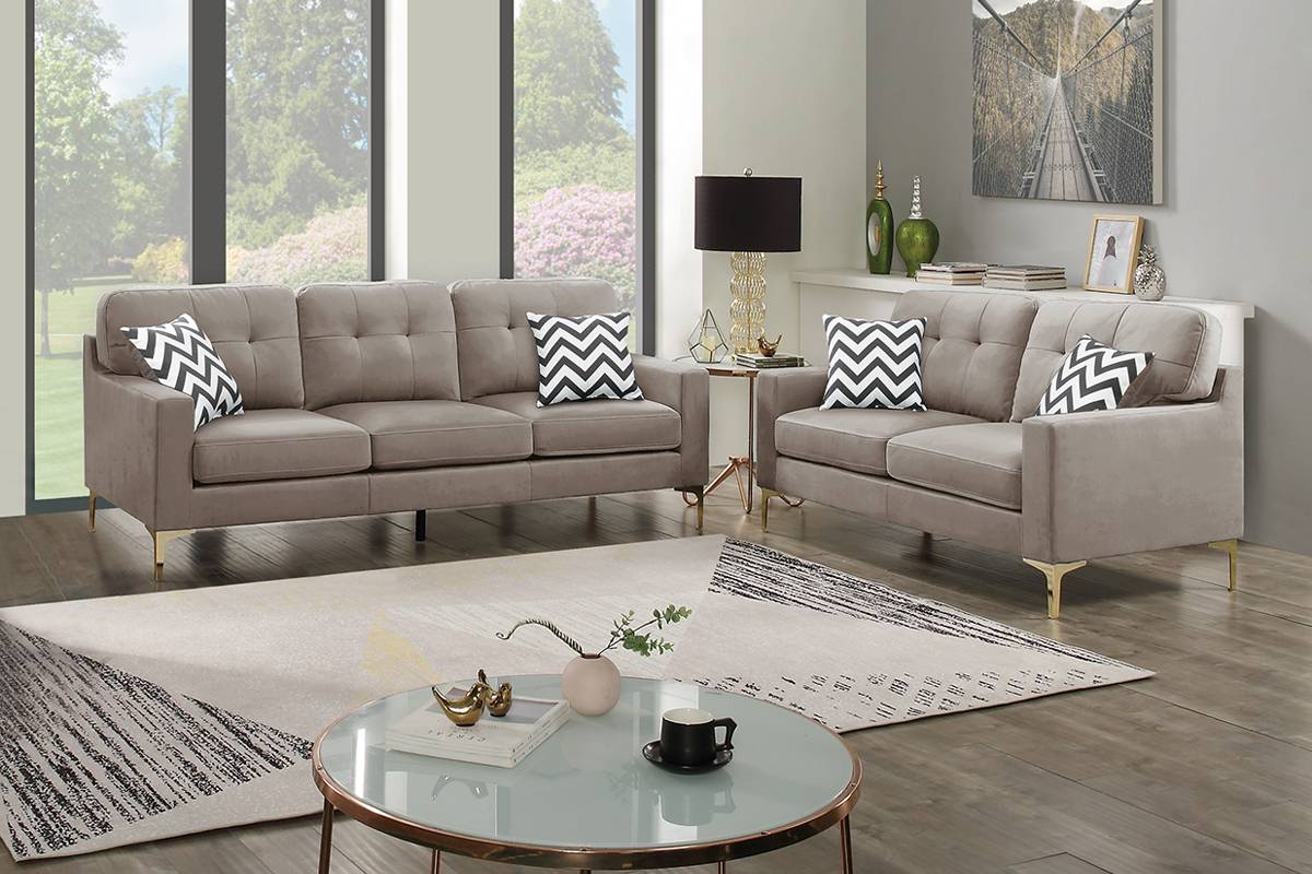 Poundex F8442 2 pc light brown velvet fabric sofa and love seat set with golden tone legs. ***Presidents Day Sale Going On Now*** Discounted Price When You Add To Cart up to 35% off. Additional Discount automatically applied at checkout 5% off on orders 0 on up limited time.Click Acima Leasing Easy Lease and Application Process at ambfurniture.com