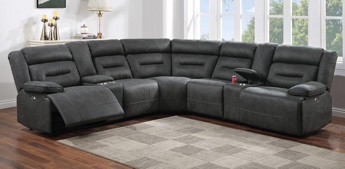 Poundex F86631 3 pc charcoal gel leatherette power motion recliners sectional sofa with consoles USB ports. ***Presidents Day Sale Going On Now*** Discounted Price When You Add To Cart up to 35% off. Additional Discount automatically applied at checkout 5% off on orders 0 on up limited time.Click Acima Leasing Easy Lease and Application Process at ambfurniture.com