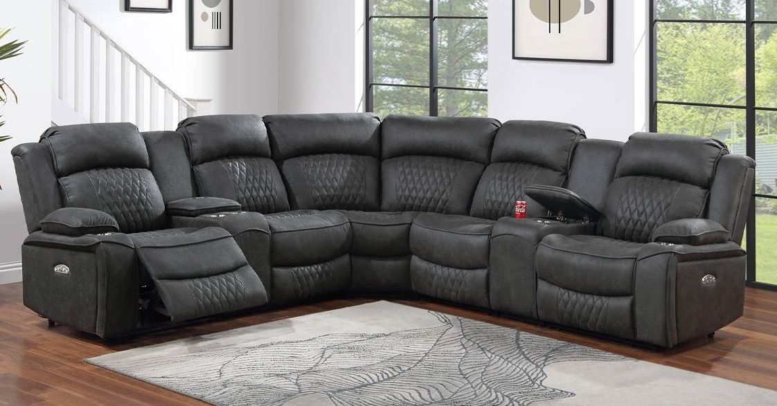 Poundex F86633 3 pc charcoal gel leatherette power motion recliners sectional sofa with consoles USB ports diamond pattern. ***Presidents Day Sale Going On Now*** Discounted Price When You Add To Cart up to 35% off. Additional Discount automatically applied at checkout 5% off on orders 0 on up limited time.Click Acima Leasing Easy Lease and Application Process at ambfurniture.com