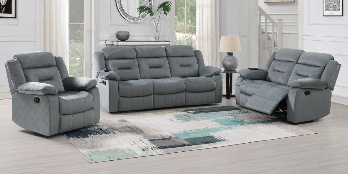 Poundex F8796-95 2 pc dark grey velvet sofa and love seat set with recliners on the ends with USB ports. ***Presidents Day Sale Going On Now*** Discounted Price When You Add To Cart up to 35% off. Additional Discount automatically applied at checkout 5% off on orders 0 on up limited time.Click Acima Leasing Easy Lease and Application Process at ambfurniture.com