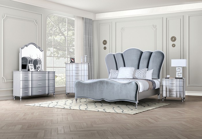 FM7416SV-4PC 4 pc Eleanora silver finish wood fabric tufted headboard queen bedroom set. ***Spring Savings Sale Going On Now*** Discounted Price When You Add To Cart up to 35% off. Click Acima Leasing Easy Lease and Application Process at ambfurniture.com