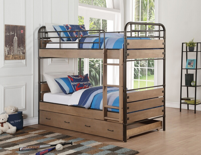 Acme 37760 Adams antique oak finish wood gunmetal twin over twin bunk bed set. ***Memorial Day Sale Going On Now*** Discounted Price When You Add To Cart up to 35% off. Click Acima Leasing Easy Lease and Application Process at ambfurniture.com