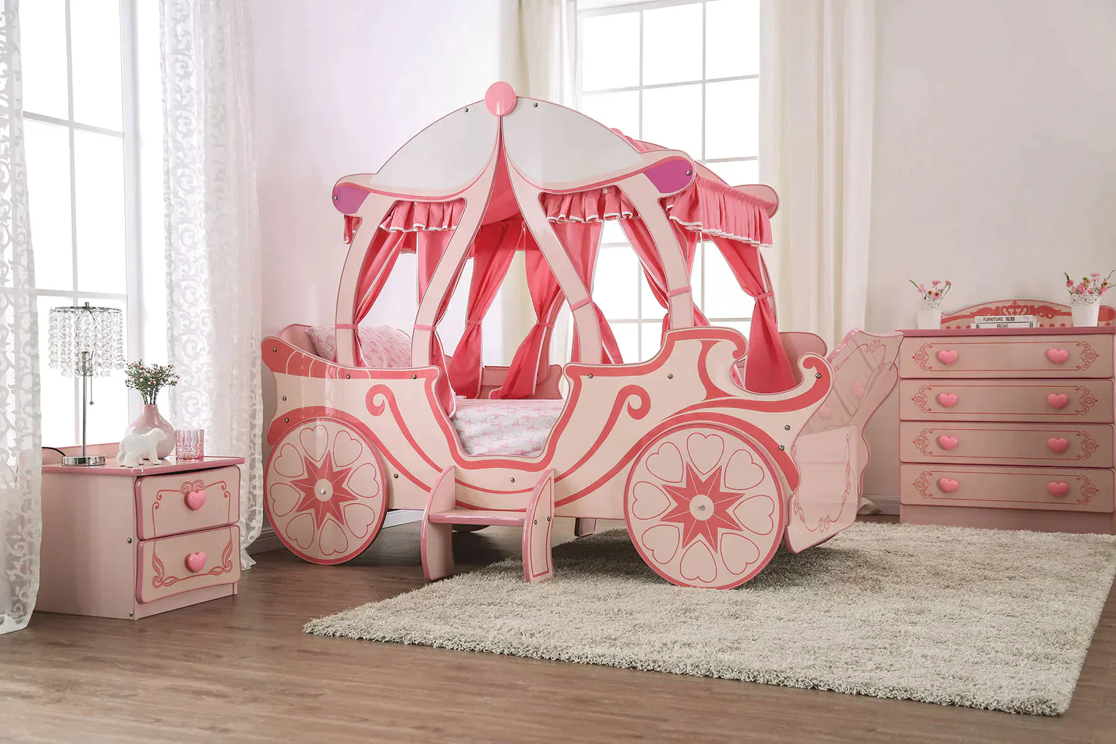 CM7630 Hokku designs Arianna pink / light pink canopy style princess carriage design twin size kids bed. ***Memorial Day Sale Going On Now*** Discounted Price When You Add To Cart up to 35% off. Click Acima Leasing Easy Lease and Application Process at ambfurniture.com
