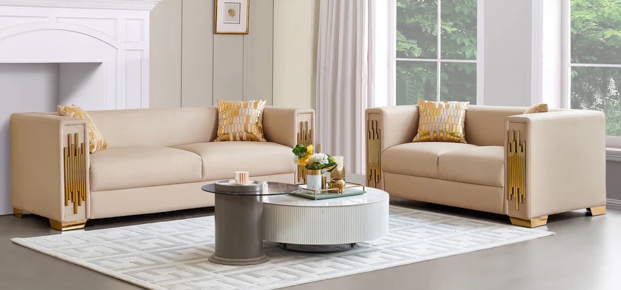 SF2001 2 pc Darby home brittany cream leather like fabric square arms gold trim accents sofa and love seat set. Discounted Price When You Add To Cart up to 35% off. Click Acima Leasing Easy Lease and Application Process at ambfurniture.com