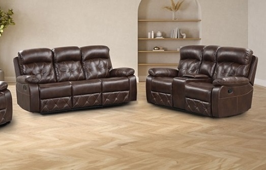 NX6004BR-2PC 2 pc Osias brown leatherette sofa and love seat recliner ends with cup console. Discounted Price When You Add To Cart up to 35% off. Click Acima Leasing Easy Lease and Application Process at ambfurniture.com