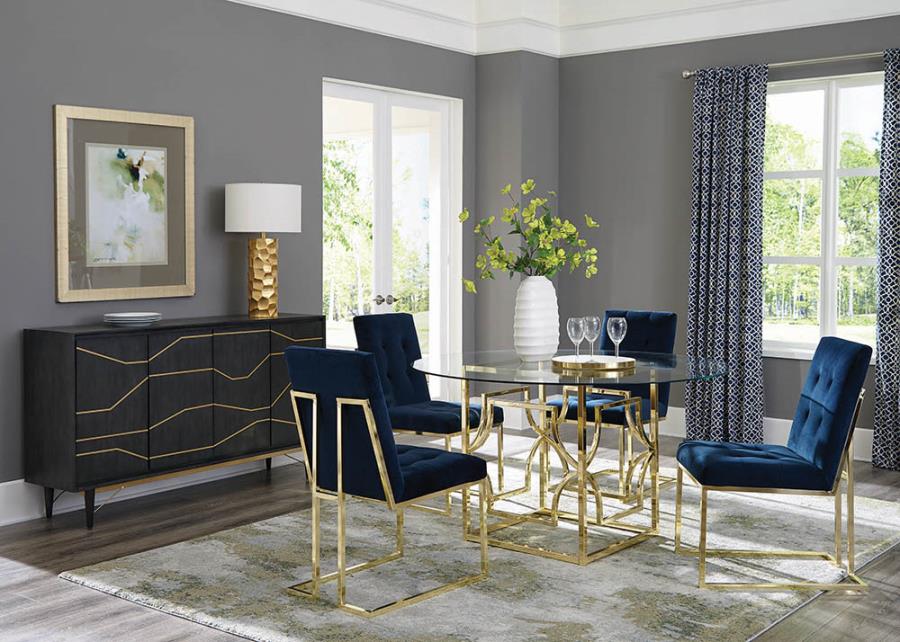 Coaster 192641-493 5 pc Mercer 41 tenny evianna 54″ round clear glass top brass metal base dining table set. ***Labor Day Sale Going On Now***Discounted Price When You Add To Cart up to 35% off. Click Acima Leasing Easy Lease and Application Process at ambfurniture.com