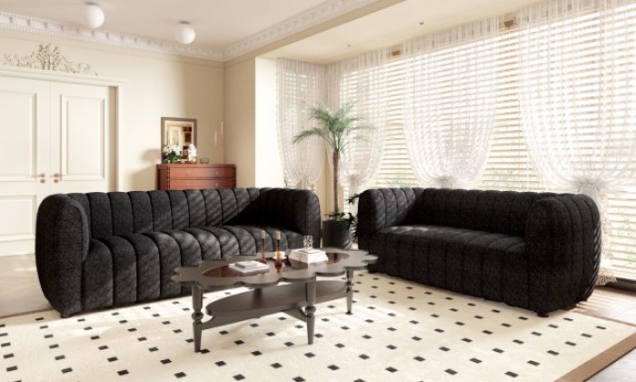 FM61002BK-2PC 2 pc A&J homes studio Aversa black boucle fabric channel tufted sofa and love seat set rounded arms. ***Labor Day Sale Going On Now***Discounted Price When You Add To Cart up to 35% off. Click Acima Leasing Easy Lease and Application Process at ambfurniture.com