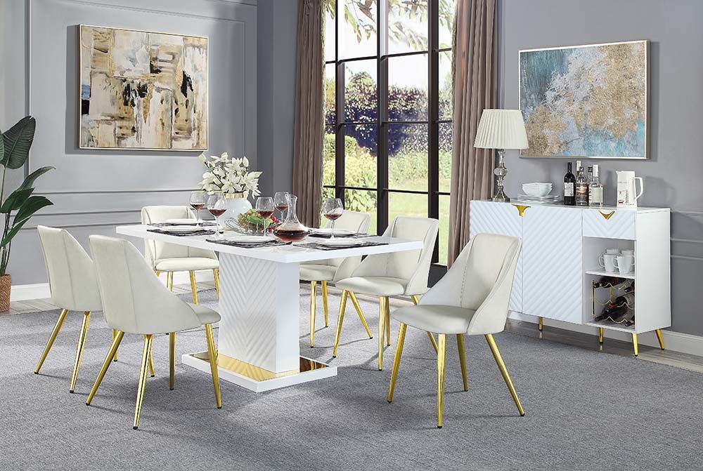 Acme DN01258 7 pc Everly quinn gaines white high gloss finish wood gold accents modern dining table set. ***Black Friday Sale Going On Now***Discounted Price When You Add To Cart up to 35% off. Click Acima Leasing Easy Lease and Application Process at ambfurniture.com