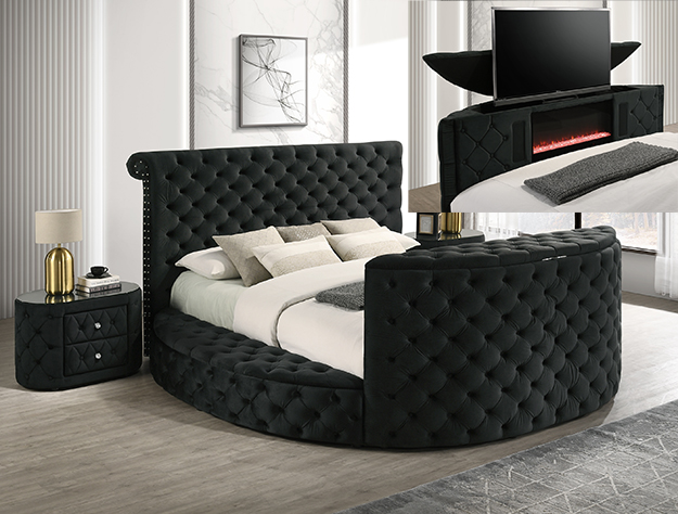 Crown Mark 5212BK Voltare black velvet fabric tufted round queen storage bed with TV lift and built in LED Fireplace. ***Holiday Sale Going On Now***Discounted Price When You Add To Cart up to 35% off. Click Acima Leasing Easy Lease and Application Process at ambfurniture.com