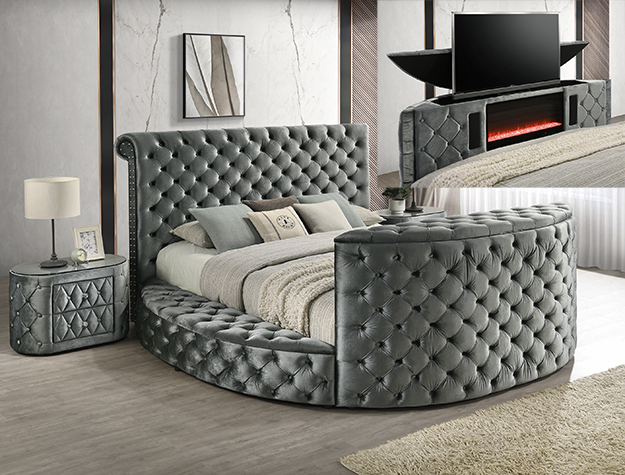 Crown Mark 5212GY Voltare grey velvet fabric tufted round queen storage bed with TV lift and built in LED Fireplace. ***Holiday Sale Going On Now***Discounted Price When You Add To Cart up to 35% off. Click Acima Leasing Easy Lease and Application Process at ambfurniture.com