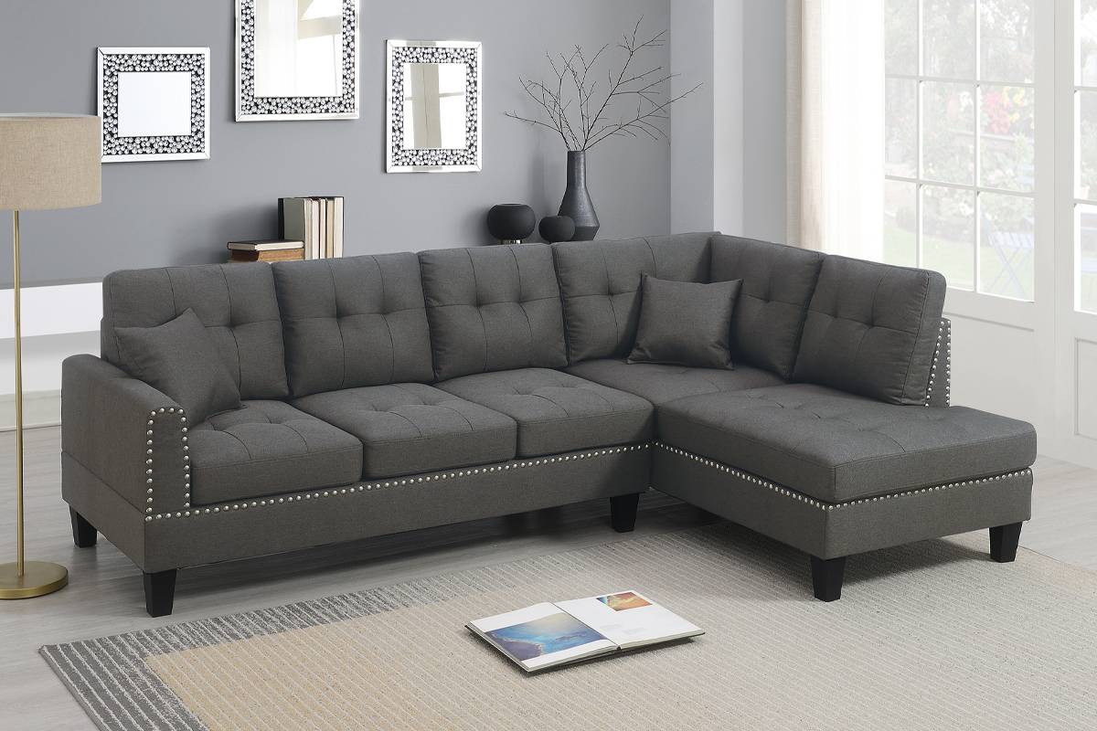 Poundex F8882 2 pc dark coffee linen like fabric sectional sofa with chaise and nail head trim. ***Holiday Sale Going On Now***Discounted Price When You Add To Cart up to 35% off. Click Acima Leasing Easy Lease and Application Process at ambfurniture.com