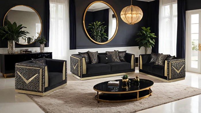 FM67000BK-SL 2 pc Doriphei black velvet fabric zebra print with gold trim accents sofa and love seat set. ***March Madness Sale Going On Now***Discounted Price When You Add To Cart up to 35% off. Click Acima Leasing Easy Lease and Application Process at ambfurniture.com